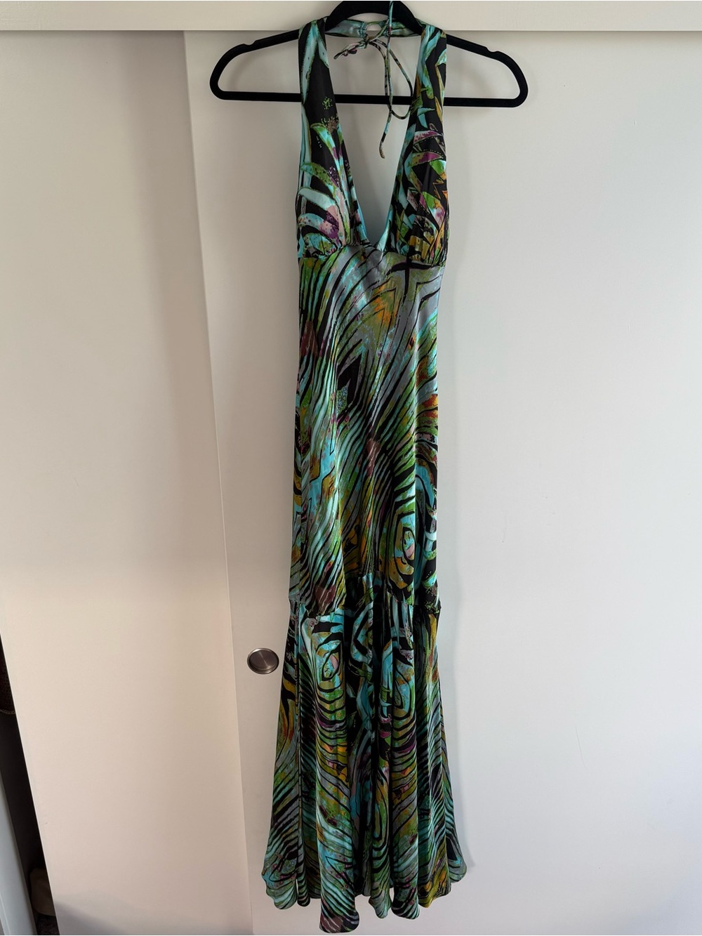 Vintage 100% silk Multicolor Halter open back Maxi Dress